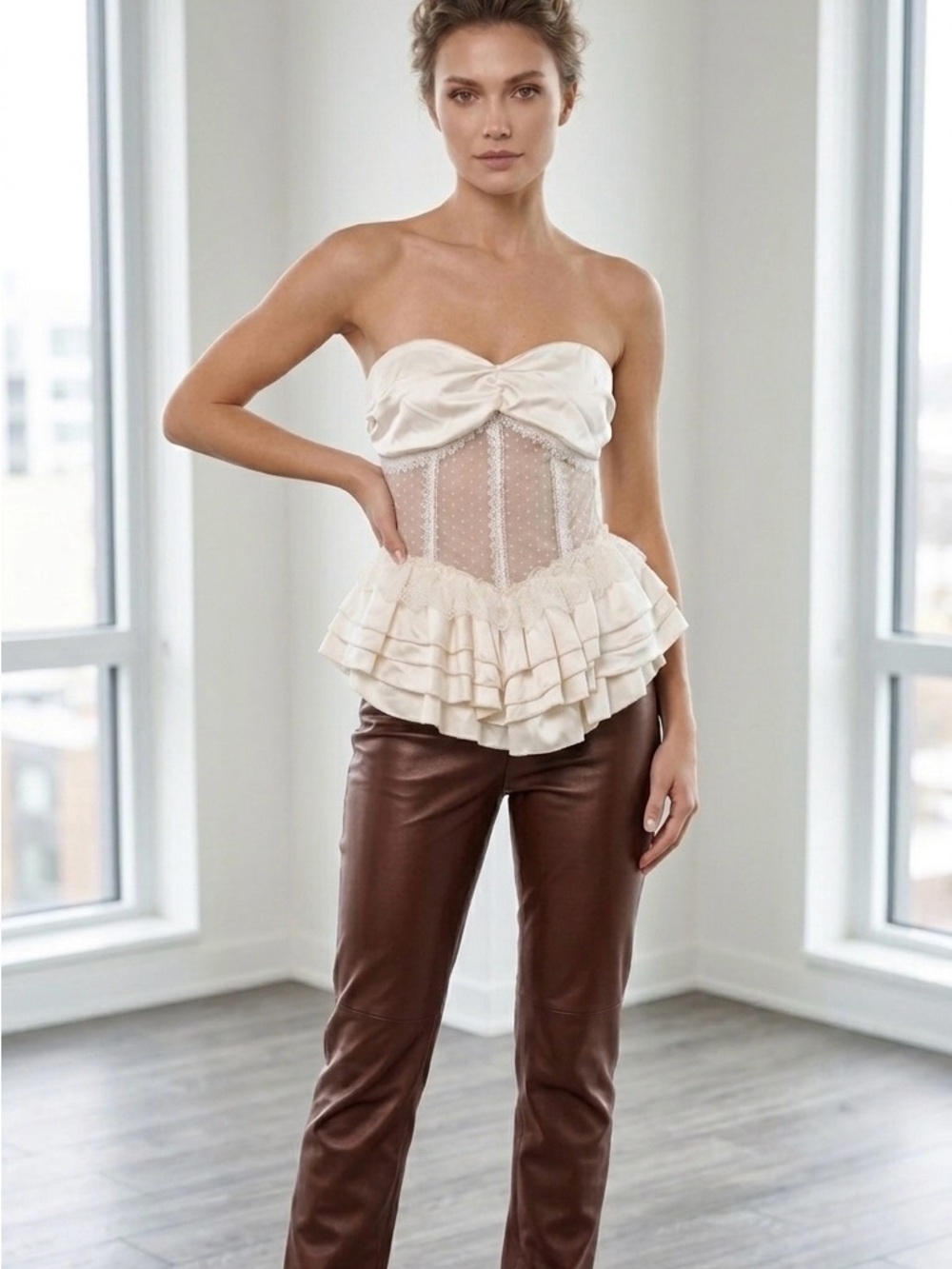 SHEIN Cream Strapless Ruffled Peplum Corset Top
